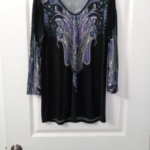 Forest Green With Blue & Purple Pattern Long Sleeve Tunic Size Medium
